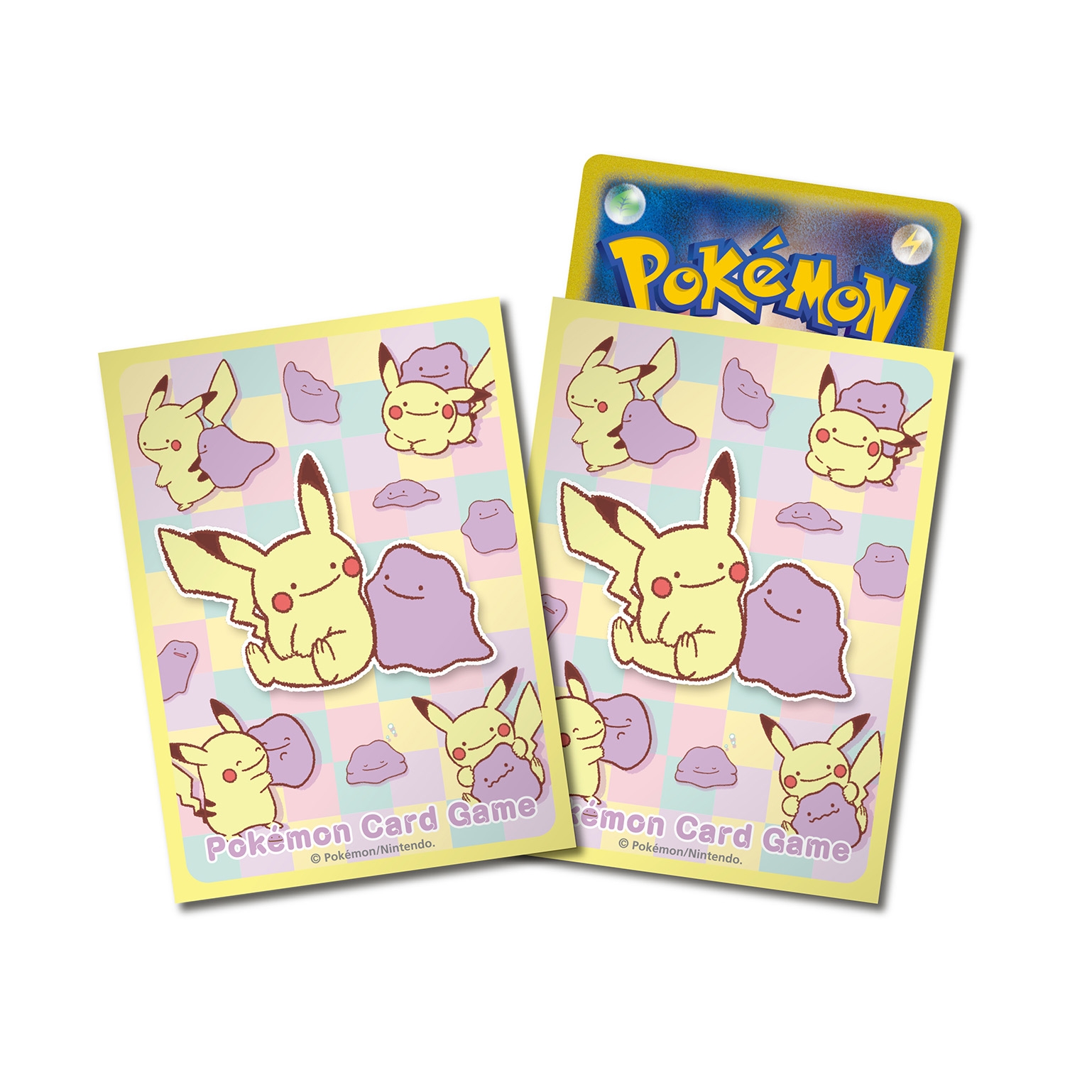 Two yellow Pokémon card sleeves with Pikachu and Ditto artwork, one showing a partially inserted Pokémon card.