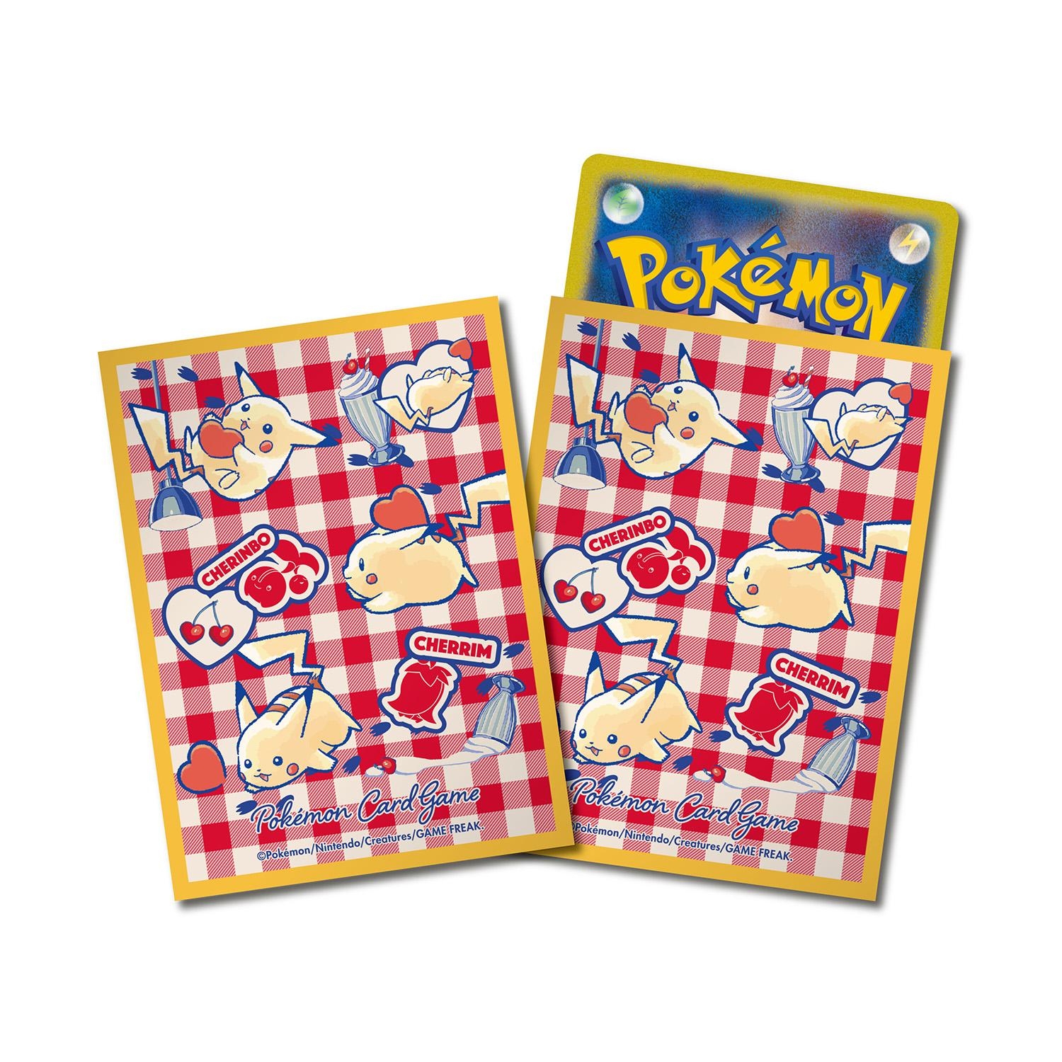 Two Pokémon card sleeves (deck shields) with a red checkered background, Pikachu and heart motifs, one sleeve showing a Pokémon card partially inserted.