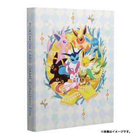 Front view of a Pokémon Card Game collection binder showing Eevee and its evolutions illustrated on a light patterned background.