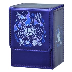 Front view of a purple synthetic leather flip deck case for Pokémon cards featuring Chandelure artwork on the flap.