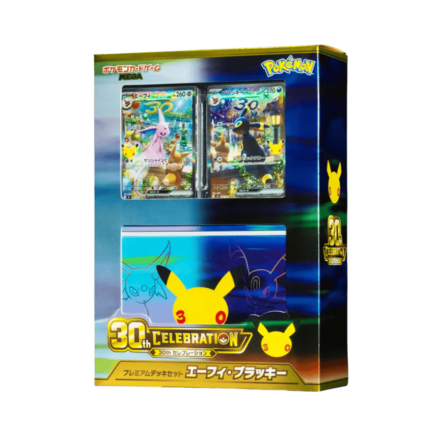 Front of the Pokémon 30th Celebration Premium Deck Set box showing Espeon and Umbreon cards and 30th celebration branding.