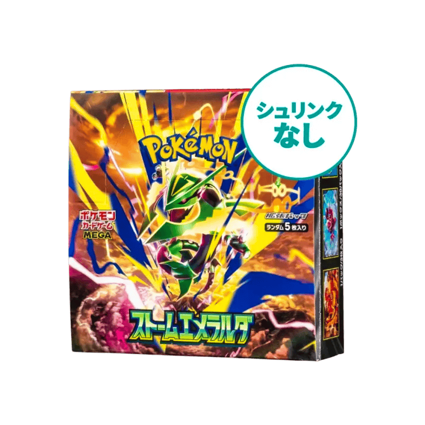 Front view of the Pokemon Card Game MEGA Expansion Pack "Storm Emeralda" box showing colorful cover artwork and a circular Japanese "no shrink" label.