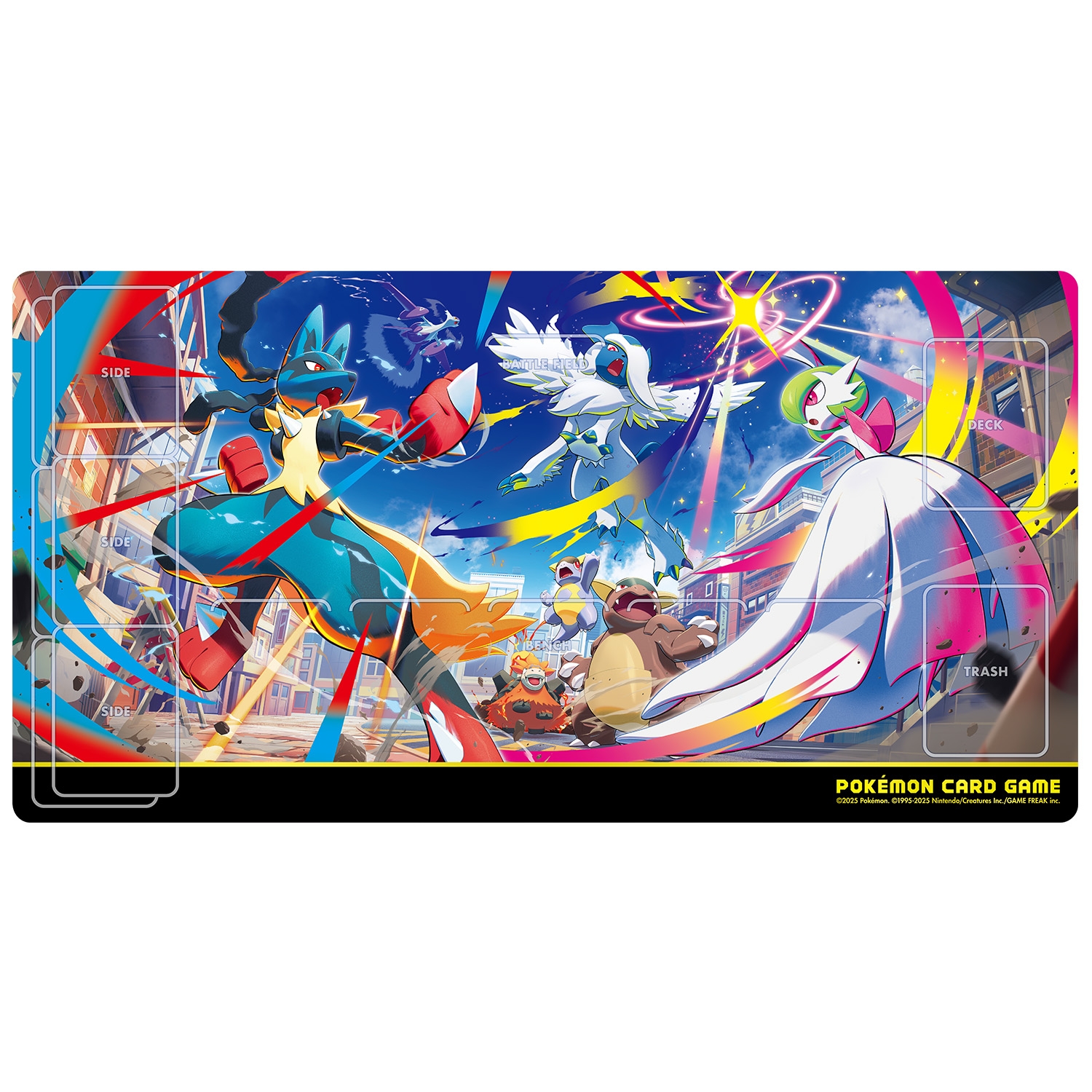 A rubber Pokémon Card Game playmat showing colorful Mega evolution ex artwork with labeled card zones.