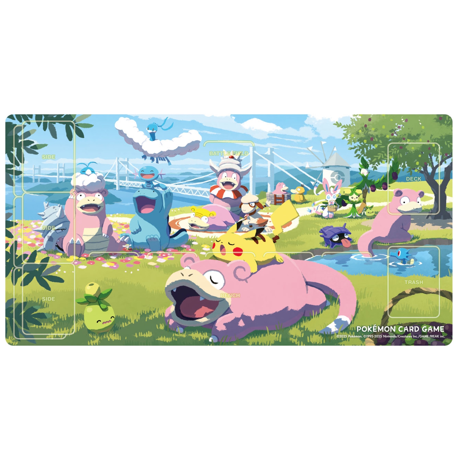 Rubber play mat for the Pokémon Card Game showing multiple Pokémon characters relaxing in a grassy park scene.