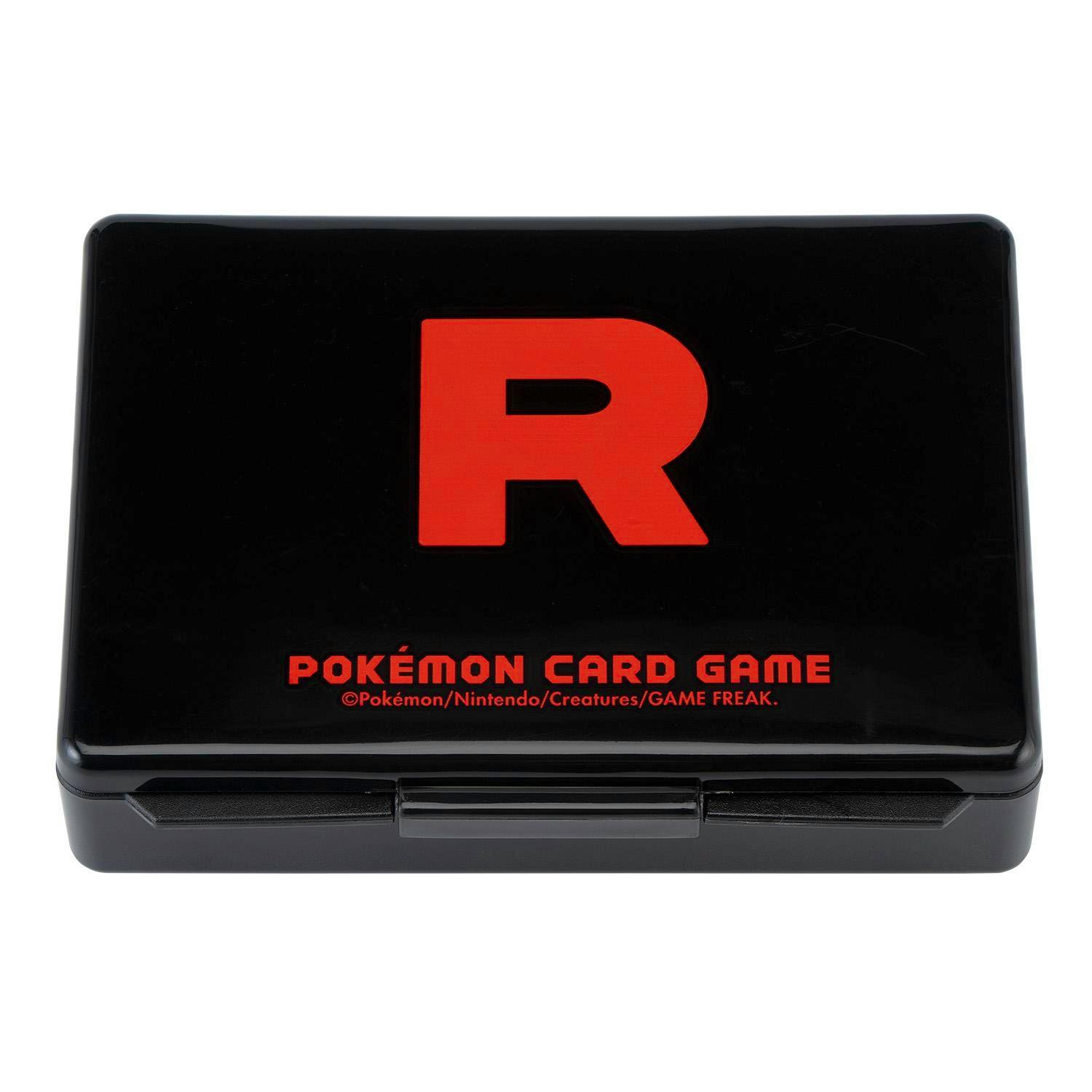 Black plastic Pokémon Card Game damage-counter case showing a red R logo and "POKÉMON CARD GAME" text on the lid.