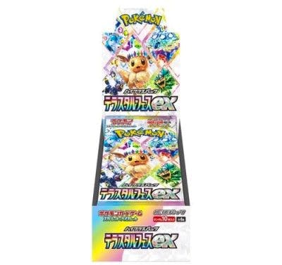 Front photo of a sealed ハイクラスパック『テラスタルフェスex』 (SV8a) trading card display box showing colorful Pokémon artwork with Eevee.
