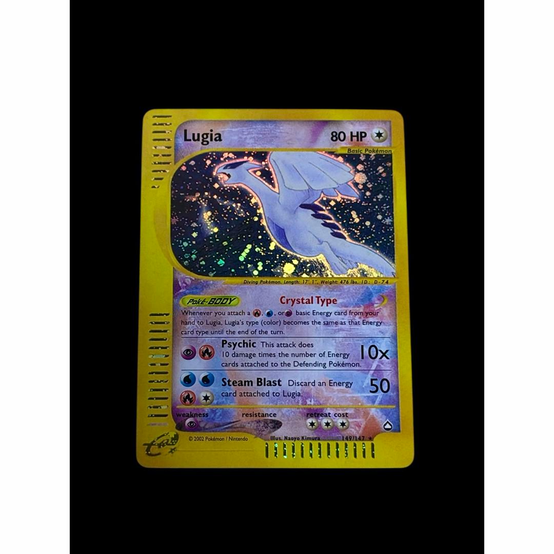 Front of the Lugia Crystal Type Pokémon trading card showing the holographic artwork, card name, and game text.