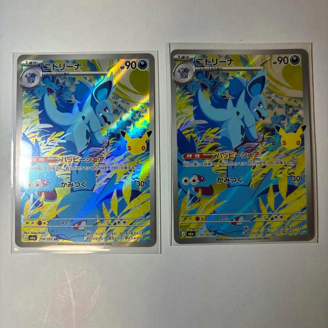 Two Nidorina AR Pokémon trading cards shown front-side with holographic foil in sleeves, placed side by side on a white background.