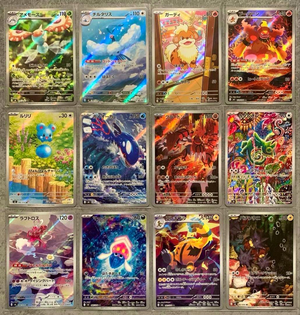 Front view of twelve Pokémon trading cards with holographic artwork arranged in a 3×4 grid, showing the set fronts.
