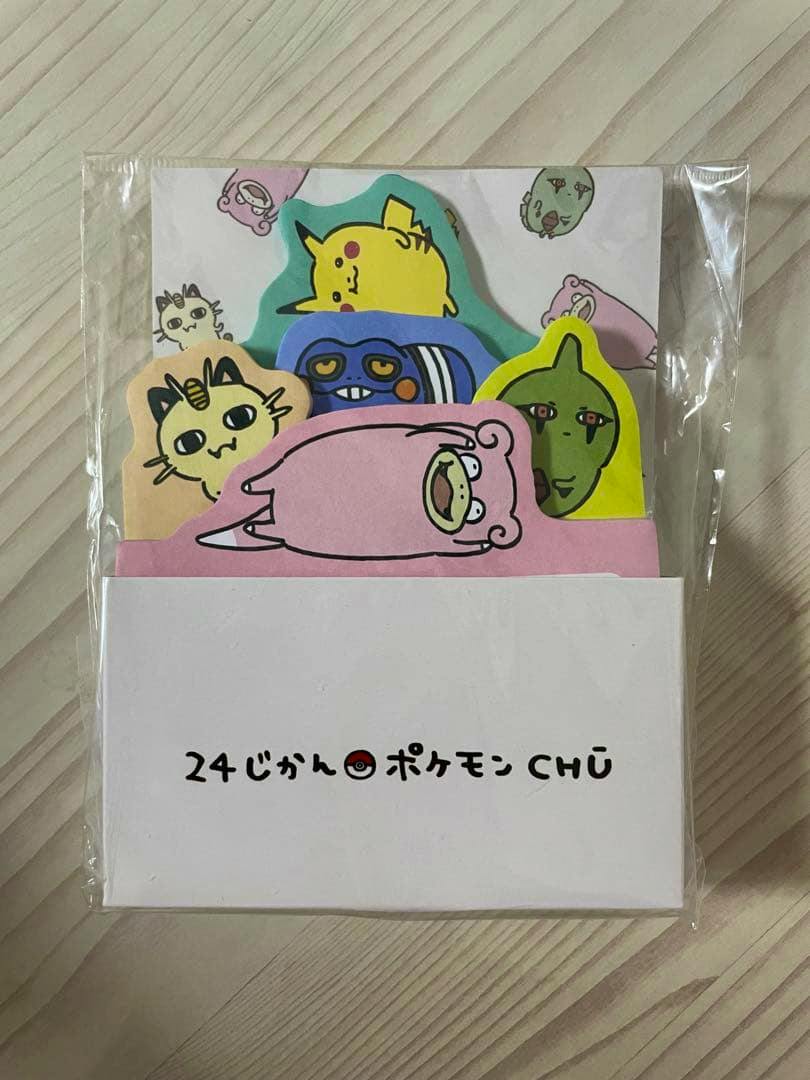 Boxed Pokémon sticky notes showing several character-shaped note pads and a white box labeled "24じかん ポケモン CHU".