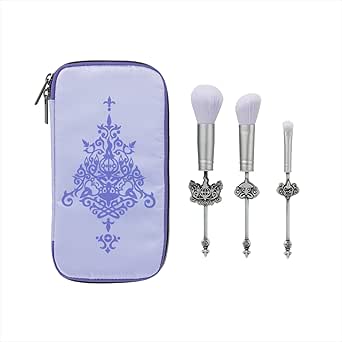 A lavender zippered pouch shown next to three decorative makeup brushes with ornate chandelier-style handles.