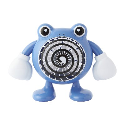 Blue desk handy fan shaped like a character with a round body, top eyes, arms, legs, and a spiral-patterned front grill.