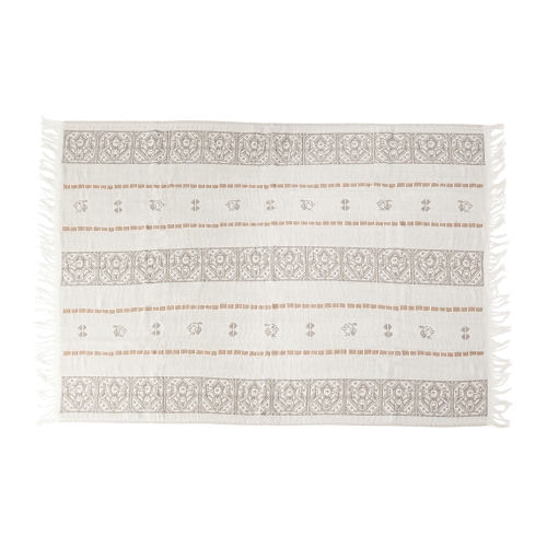 A cotton blanket laid flat on a white background showing horizontal patterned bands and fringe.