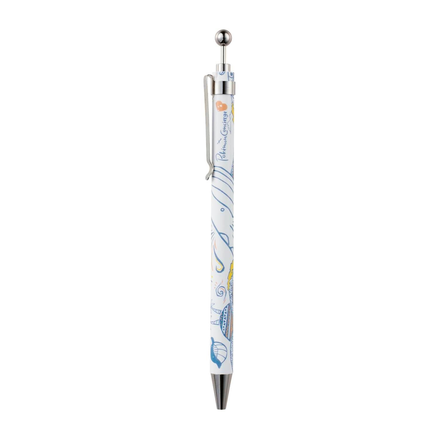 White ballpoint pen with blue decorative Pokémon-themed illustrations, a metal clip, and a metal tip shown on a white background.