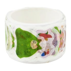 A roll of die-cut masking tape printed with colorful character illustrations on a white background.