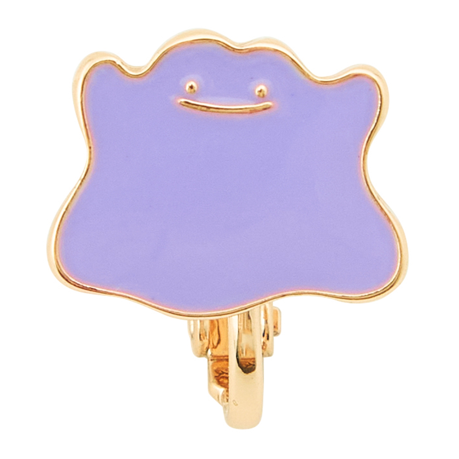 Close-up of a purple Metamon (Ditto) clip-on earring with gold-tone metal outline.