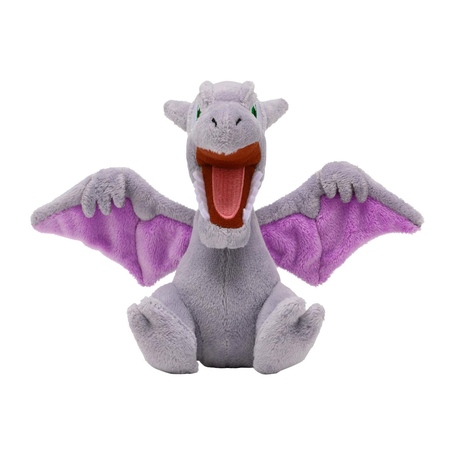 Front view of the Pokémon fit プテラ (Aerodactyl) gray plush with purple inner wings and an open mouth.