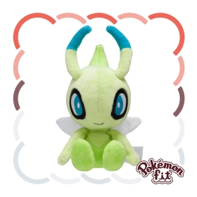 Front-facing Celebi plush toy (Pokémon fit) sitting with blue-tipped antennae and small wings on a white background with a decorative scalloped border and Pokémon fit logo.