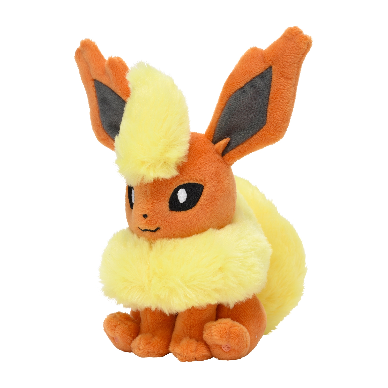 Front view of a Flareon (ブースター) Pokémon plush toy showing its orange body and yellow fluffy mane and tail.