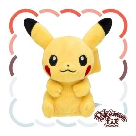 Front view of the Pokémon Fit Pikachu plush toy showing its yellow body, black-tipped ears, stitched eyes, and red cheeks on a white background.