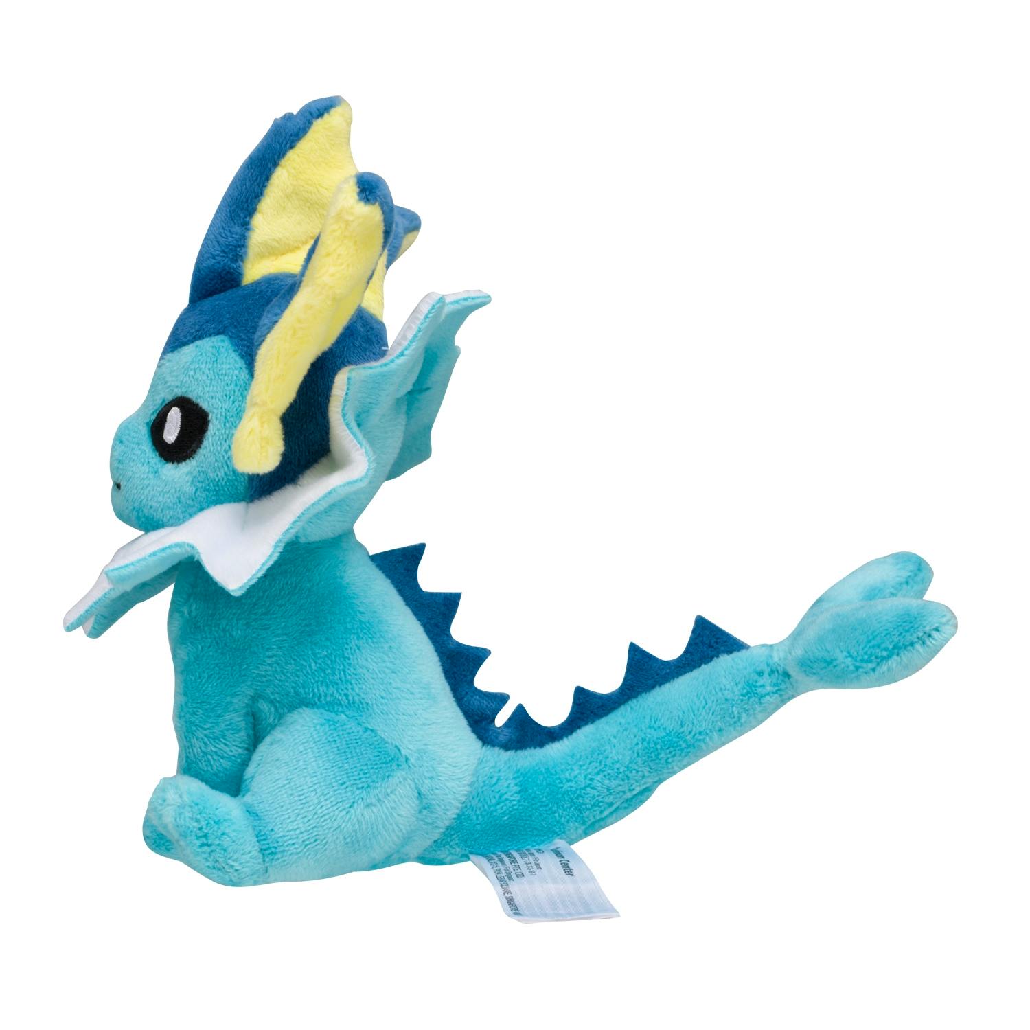Side view of a blue Pokémon fit シャワーズ plush toy on a white background.