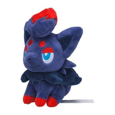 A plush Zorua (Pokémon fit) stuffed toy in dark blue with red accents on a white background.