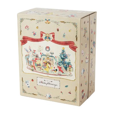 Beige paper storage box for the アドベントカレンダー Pokémon Holiday Blessings decorated with holiday-themed illustrations and a red ribbon motif.