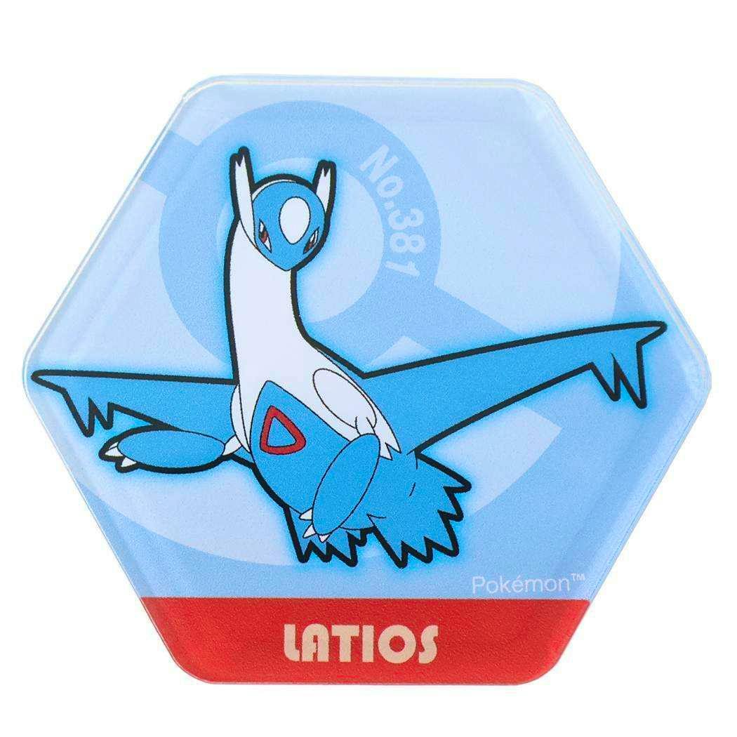 Hexagonal blue acrylic magnet showing the Pokémon Latios with a red band at the bottom labeled "LATIOS".