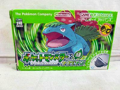 Front of a Game Boy Advance "Pocket Monsters LeafGreen" retail box showing Venusaur on green artwork.