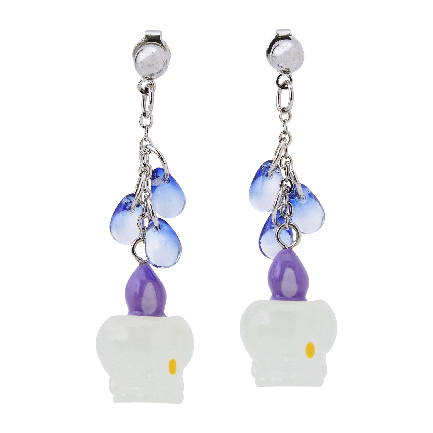Pair of Pokémon ヒトモシ earrings showing white candle-shaped charms with purple tops, blue teardrop beads, and silver hooks.
