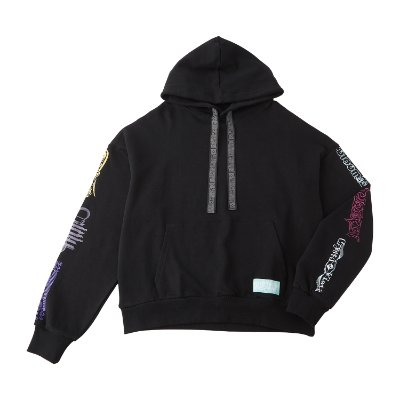 Front view of a black men's hoodie laid flat showing drawstrings, a kangaroo pocket, and printed designs on both sleeves.