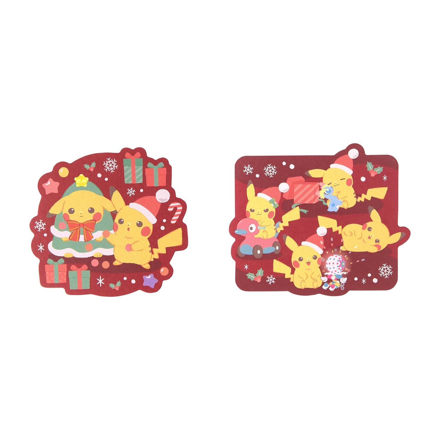 Two Christmas-themed Pikachu postcards on a white background showing red holiday designs.