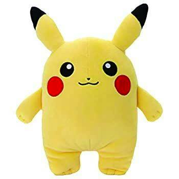 Front view of a yellow Pikachu Mocchi-Mocchi plush toy with red cheeks and black-tipped ears.