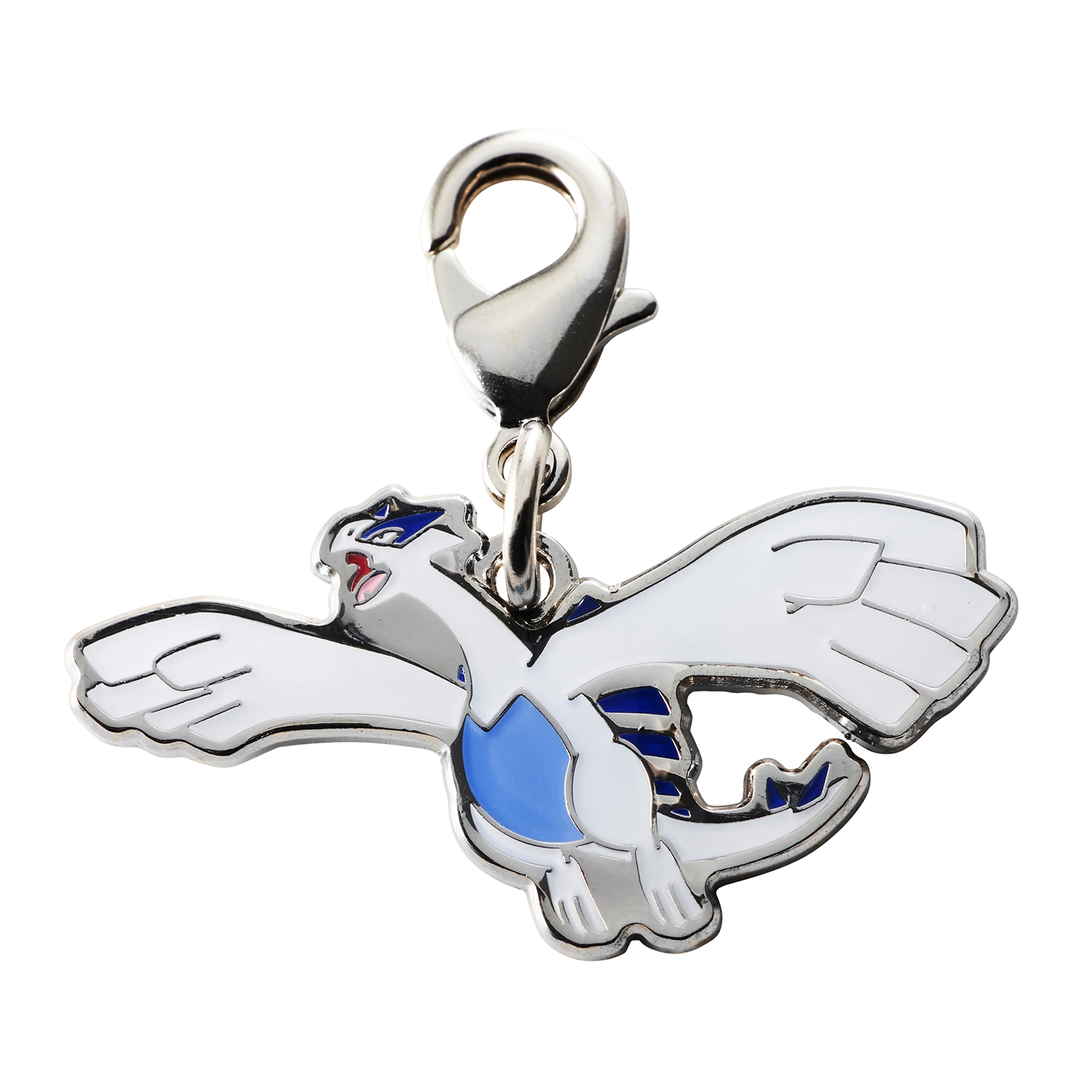 Front view of a metal keychain charm showing a white-and-blue bird figure with a lobster clasp.
