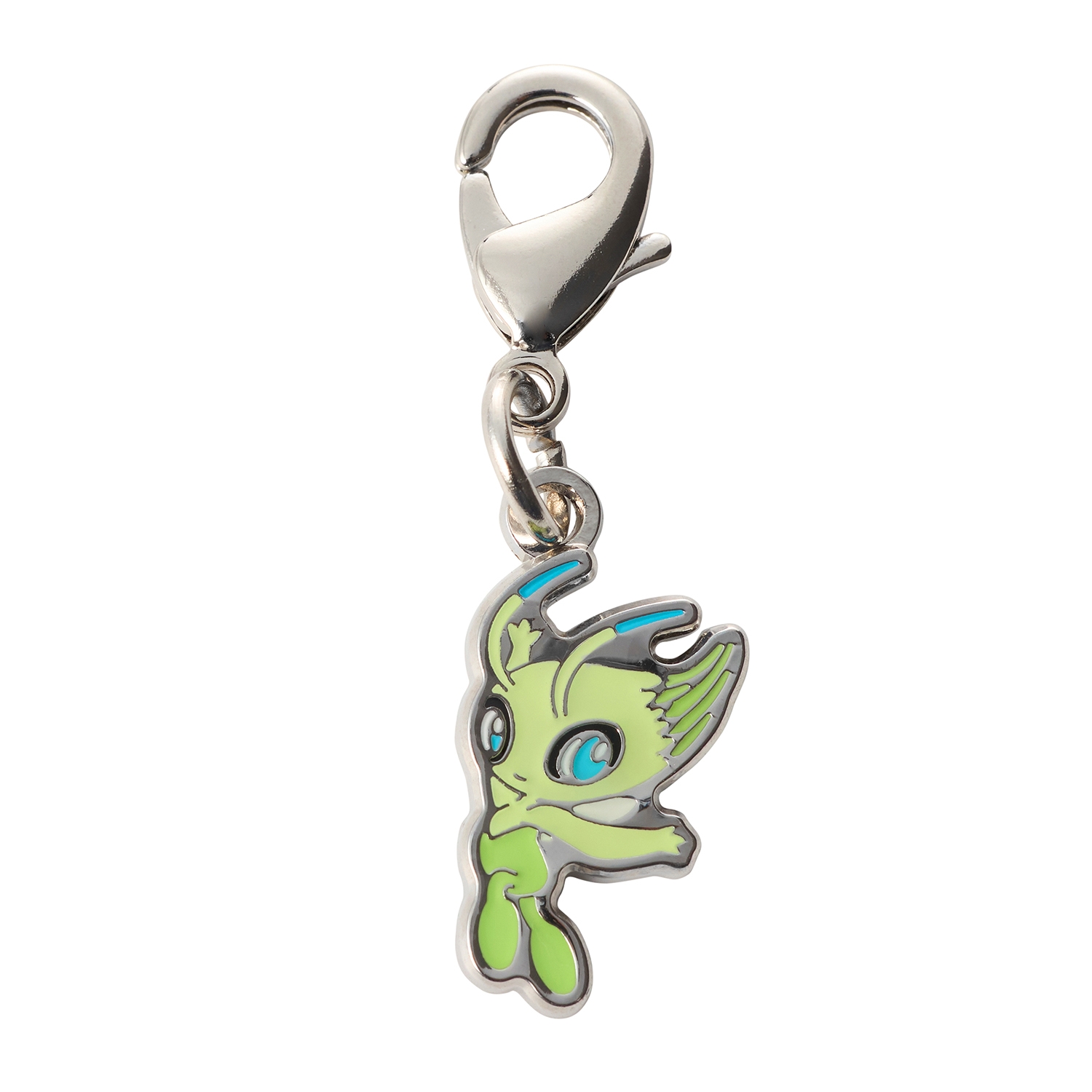 Metal keychain charm: small green enamel creature charm with lobster clasp on white background.