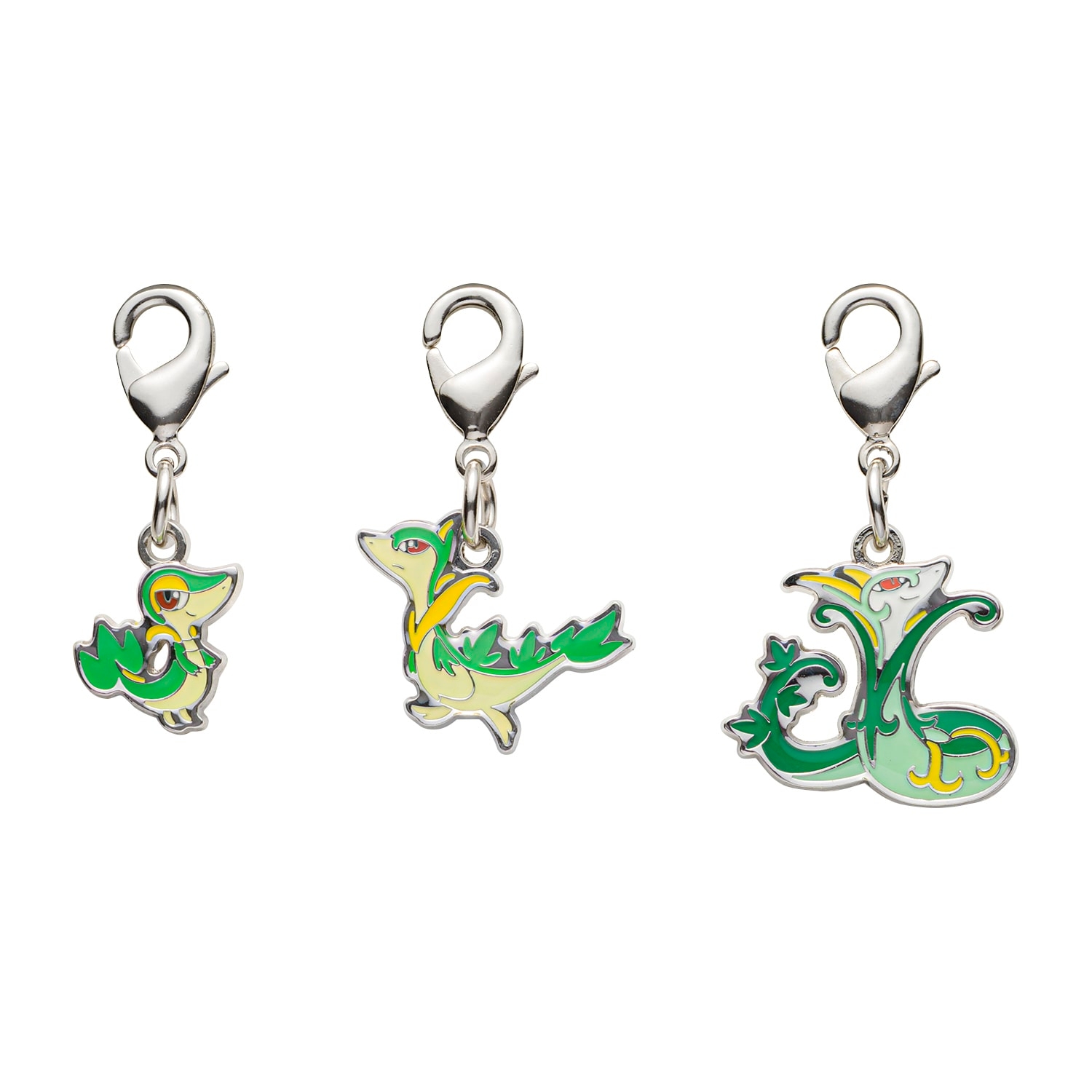 Three green metal keychain charms (zinc alloy) with lobster clasps shown on a white background.