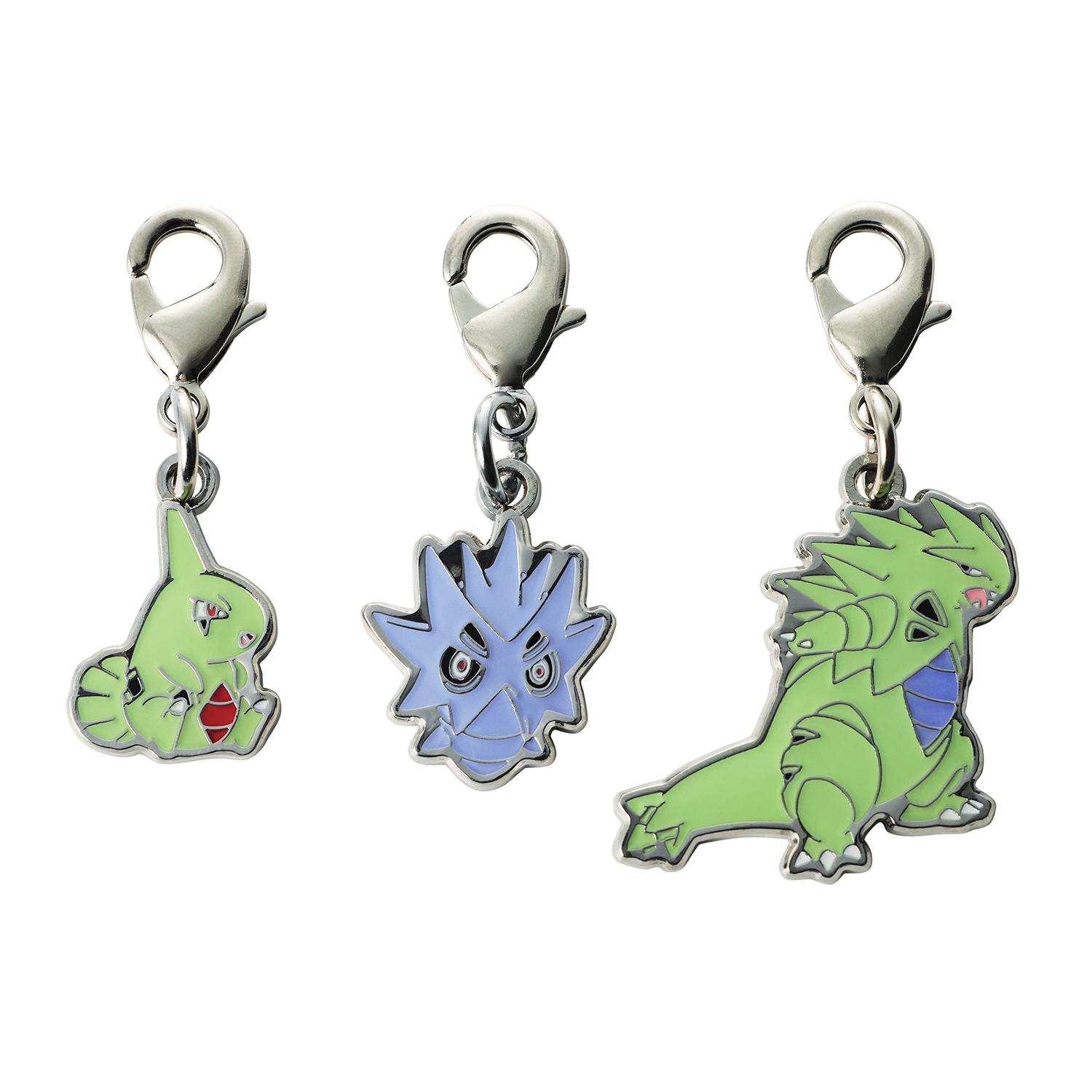 Three metal zipper-style keychain charms showing green creature designs with lobster-clasp attachments on a white background.