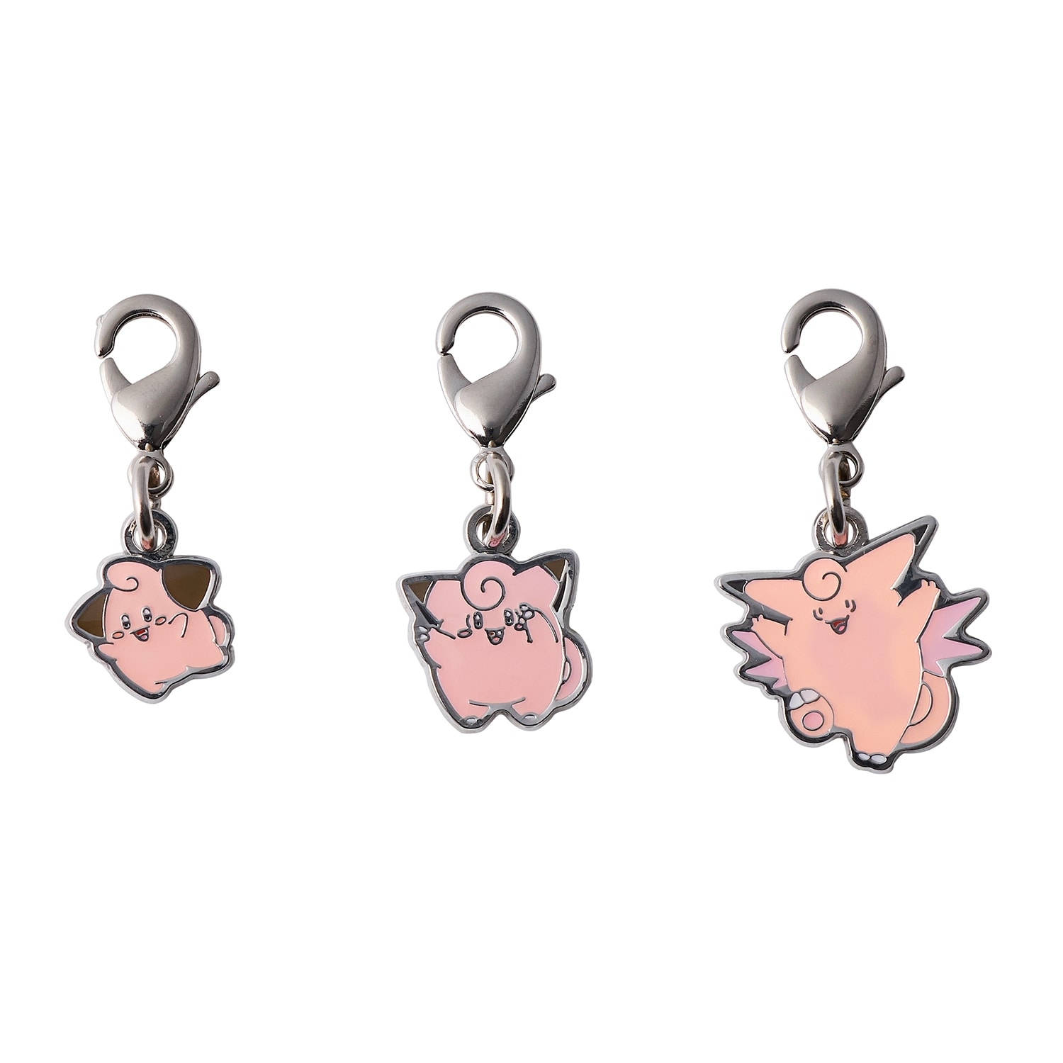 Three pink zinc-alloy keychain charms with lobster-clasp attachments displayed on a white background.