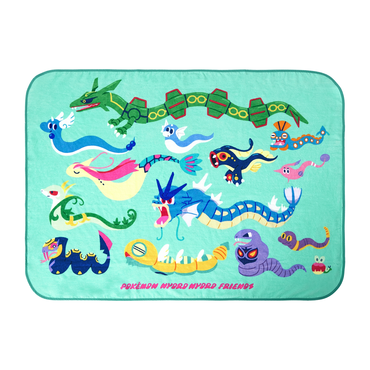 A mint-green towel blanket showing multiple colorful Pokémon snake-like characters and the text “POKÉMON NYORO NYORO FRIENDS”.