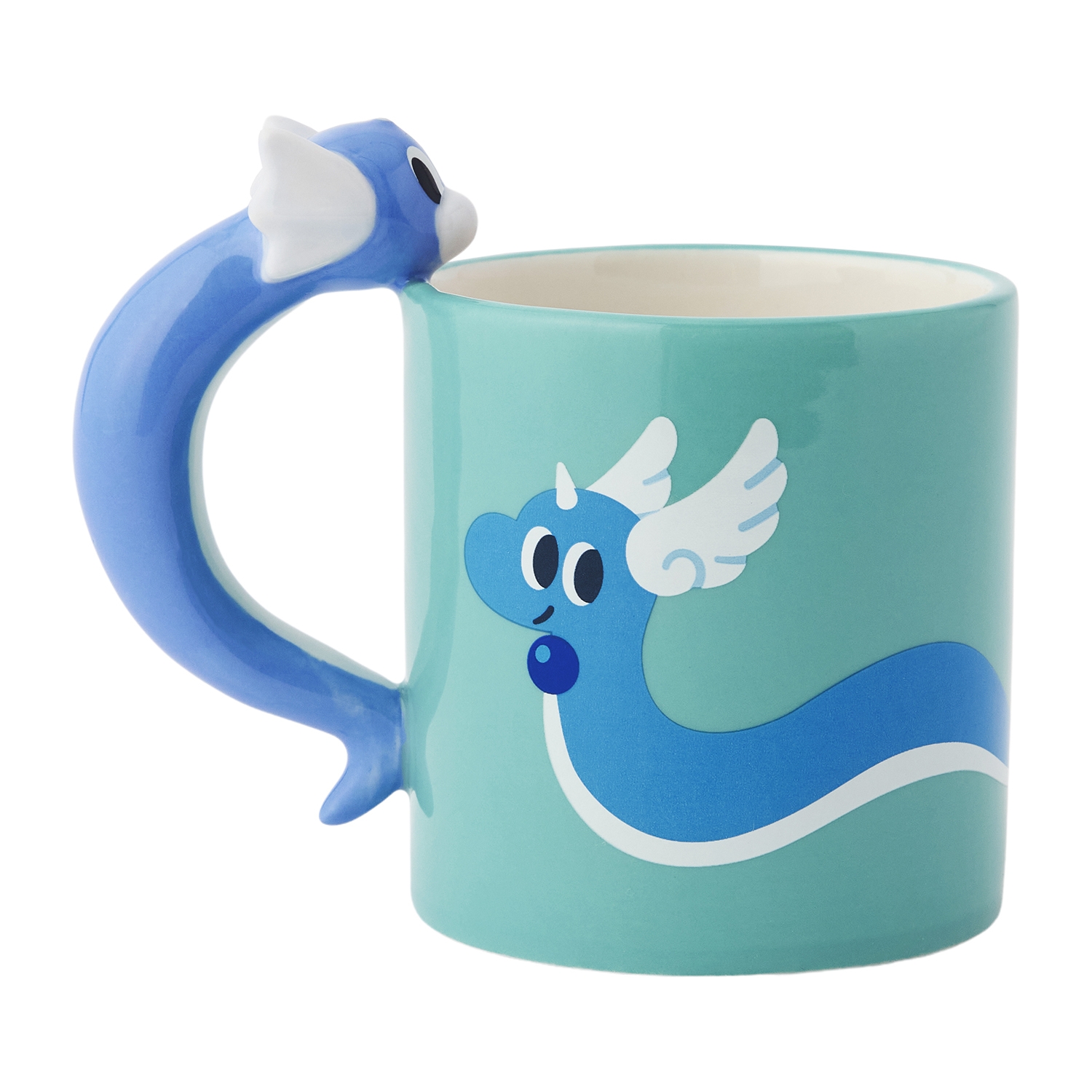Ceramic mug with a turquoise body showing a blue Pokémon Nyoro Nyoro Friends character and a three-dimensional blue character-shaped handle.