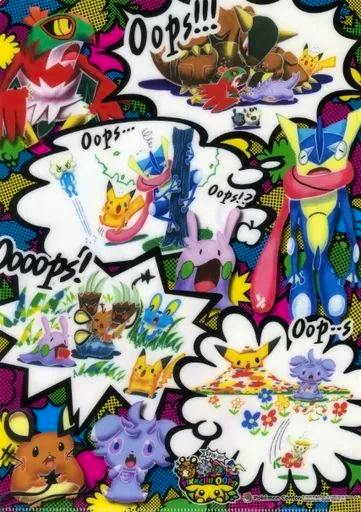 A colorful A4 clear file showing a comic-style collage of Pokémon characters including Pikachu.