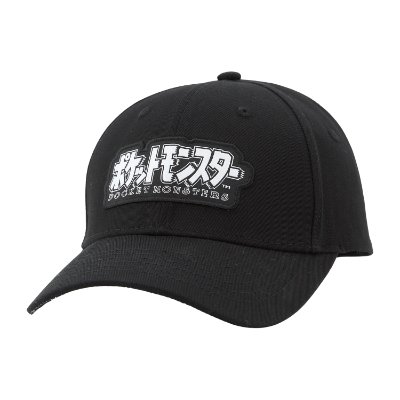 Black cotton baseball-style cap with a white Japanese "Pocket Monsters" logo patch on the front.