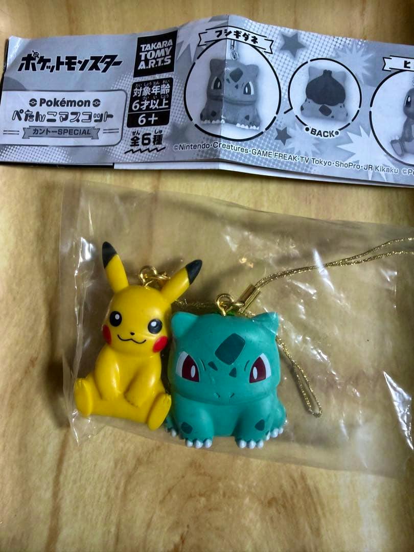 Two small plastic Pokémon mascot keychain figures (Pikachu and Bulbasaur) in a clear plastic bag with a folded paper insert visible above.