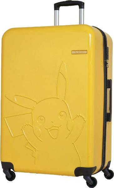 Yellow hard-shell suitcase with embossed Pikachu design, telescoping handle and four spinner wheels.