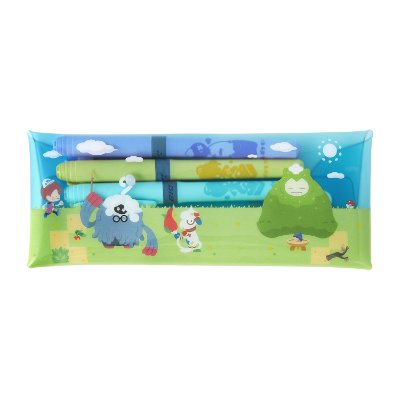 A clear pouch containing three felt-tipped markers decorated with Pokémon characters on a grassy background.