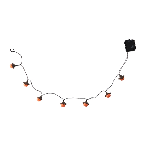 LED string lights with small orange pumpkin-shaped covers on a black cord and a black control box shown on a white background.