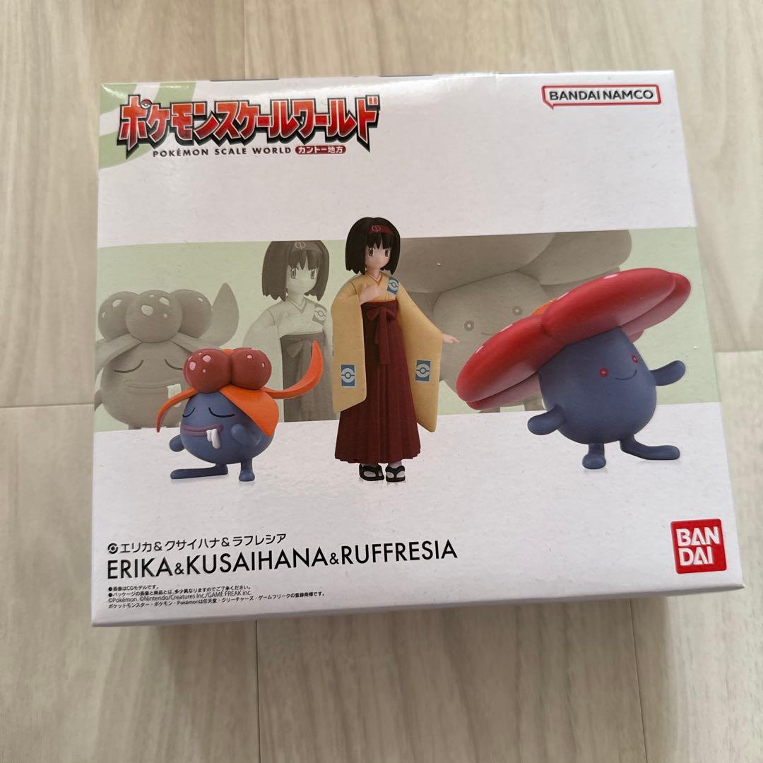 Box front showing the Pokémon Scale World Erika figure set with Kusaibana and Ruffresia printed on the packaging.