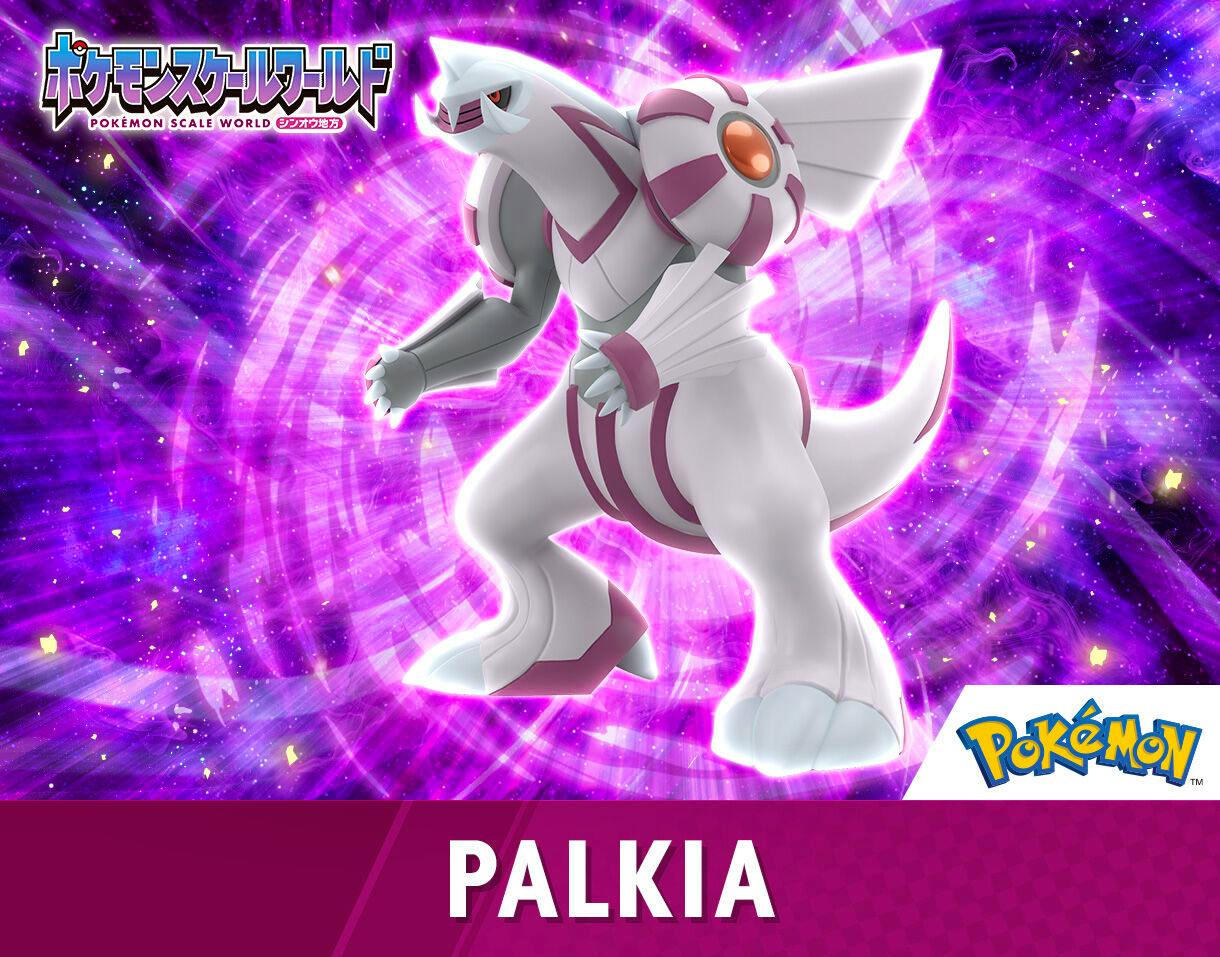 A white-and-pink Palkia figure (Pokémon Scale World) posed against a purple cosmic background with the Pokémon logo and the text "PALKIA."