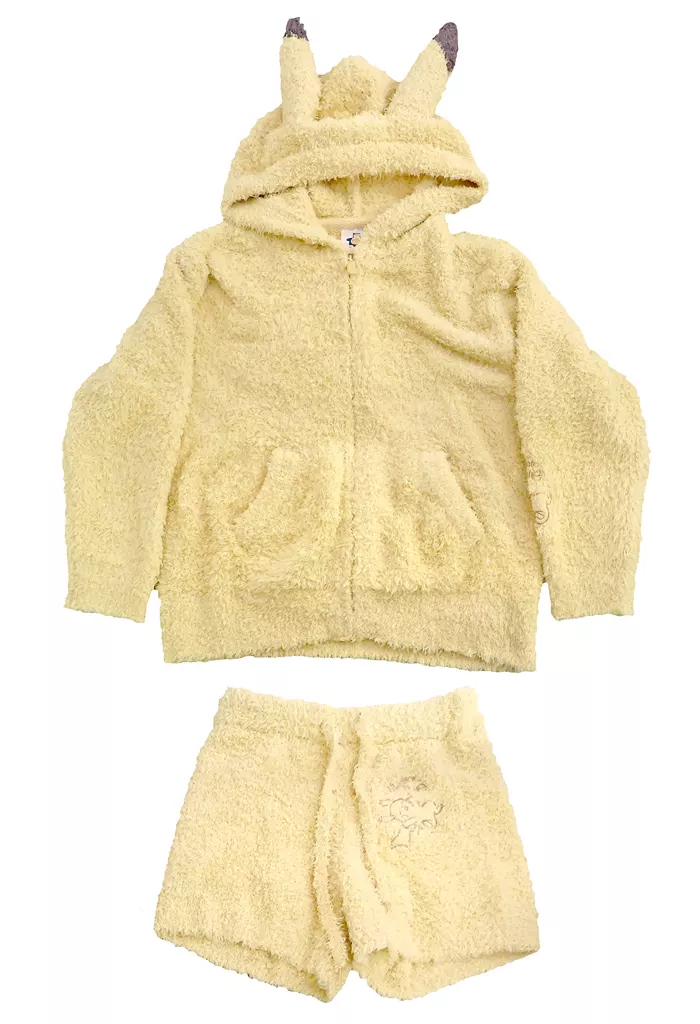 Yellow Pikachu hooded parka with ear details and matching shorts women's pajama set laid flat on a white background.