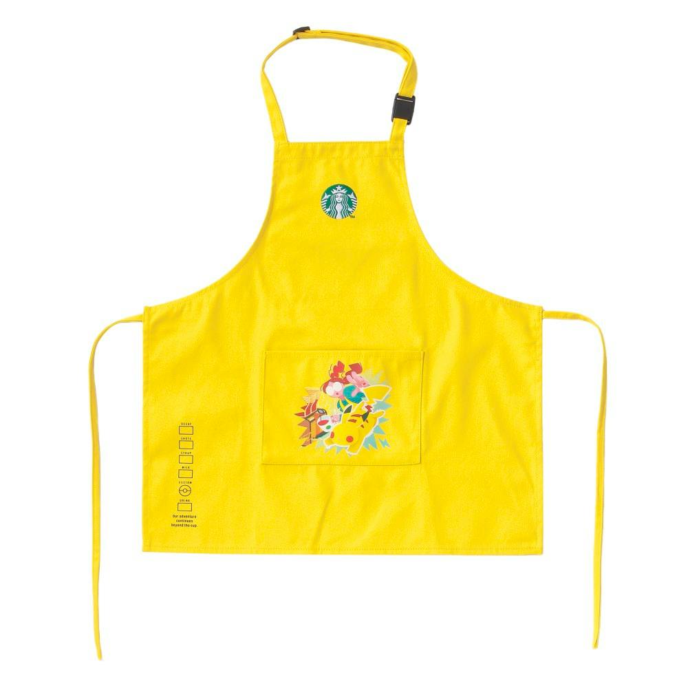 Yellow kids' apron with a front pocket printed with Pikachu and a Starbucks logo above.